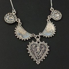 Chai Heart Necklace Filigree Silver Bib Folk Ethnic Judaica Life In Hebrew Gift