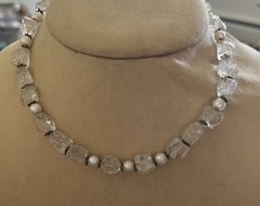 Vintage estate sterling silver raw rock crystal Pearl beaded Toggle necklace 925