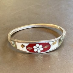 Taxco Sterling Silver Hinge Cuff 6.5” Bracelet White Red Enamel Flower Inlay