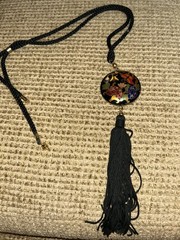 Vintage Asian Cloisonne Enamel Floral Butterfly Green Tassel Pendant Necklace