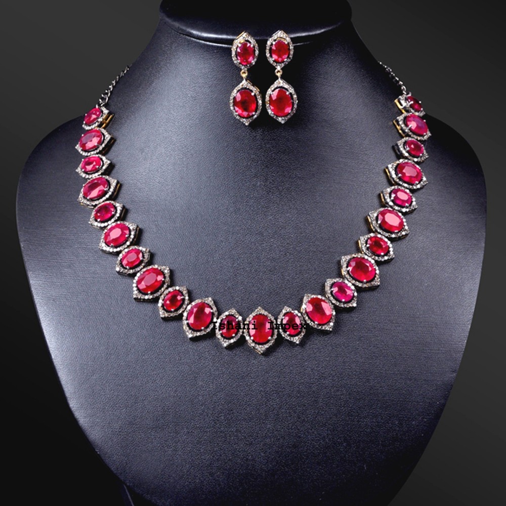 Natural Rosecut Diamond , Ruby Quartz & 925 Sterling Silver Necklace Earring Set