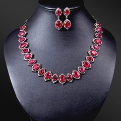 Natural Rosecut Diamond , Ruby Quartz & 925 Sterling Silver Necklace Earring Set