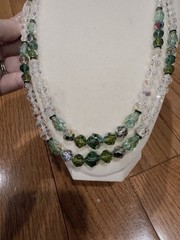 Vtg Vendome Signed Green Clear Crystal Glass AB Beaded Double Strand Necklace