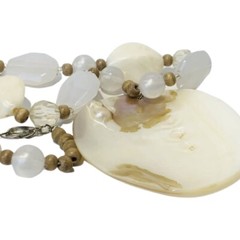 White Shell Necklace Large Pendant Statement 19″ Icy Glass Beaded Bohemian