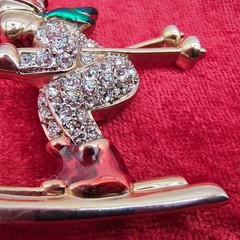 Vintage Skier Brooch Pin Gold Tone Rhinestone Encrusted Green Red Enamel Winter