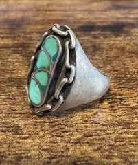 Chain Border Silver Turquoise Ring Size 9.75 – Vtg Native American, Signed BQR