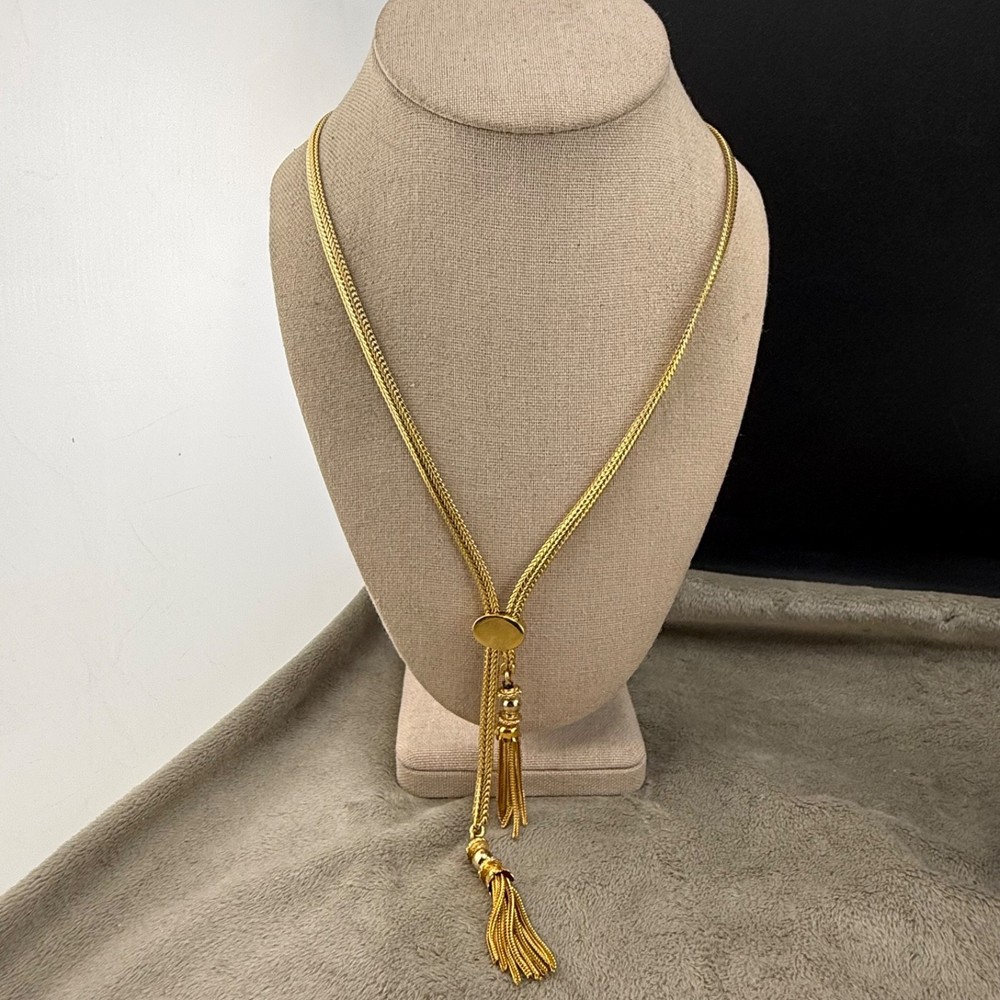 Vintage Monet Necklace Gold Tone Bolo Slide Tassel 20”