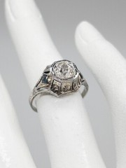 Antique 1920s .65ct Euro VS H Diamond Blue Sapphire 18k White Gold Filigree Ring