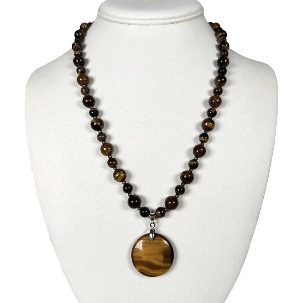 Vintage TIGERS EYE Stone Round Bead Dangle Disk Pendant Necklace Spacer Beads