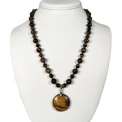 Vintage TIGERS EYE Stone Round Bead Dangle Disk Pendant Necklace Spacer Beads
