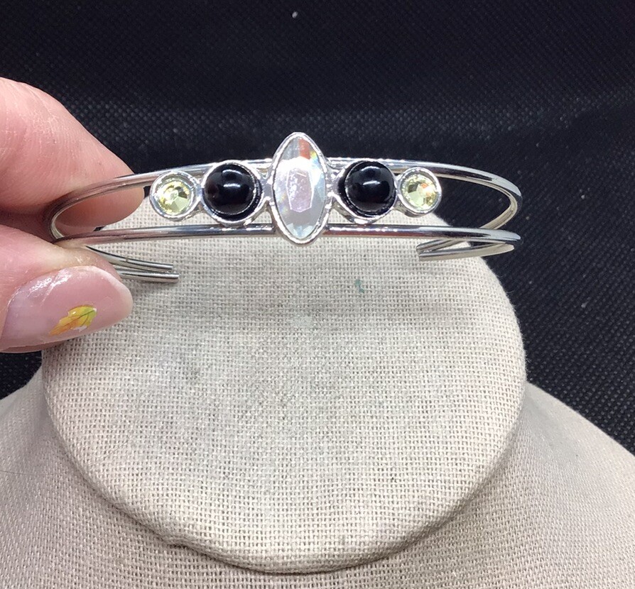 Vintage Silver Tone Costume Black Yellow & Clear Stone Cuff Bracelet 7″ F595