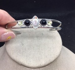 Vintage Silver Tone Costume Black Yellow & Clear Stone Cuff Bracelet 7″ F595