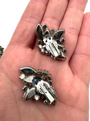 Vintage 1950s 60s Smoky Gray Black Diamond Rhinestone Brooch Clip Earrings Set