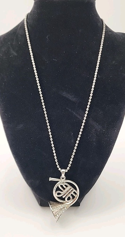 Vintage silver tone rhinestone French Horn musical instrument 20″ necklace