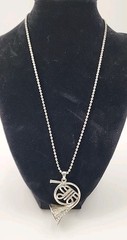 Vintage silver tone rhinestone French Horn musical instrument 20″ necklace