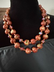 Vintage West Germany Glass Bead Necklace Pink Orange AB Crystal Double Strand