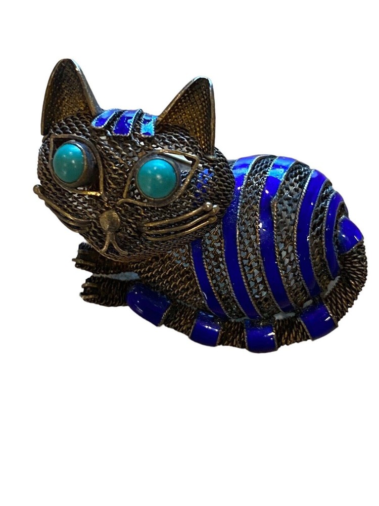Vintage Sterling Silver Enamel Cheshire Cat Brooch Pin Turquoise Eyes