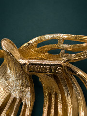 Vintage Signed Monet Gold Tone Openwork Leaf Brooch Pin 1970s Mid Century