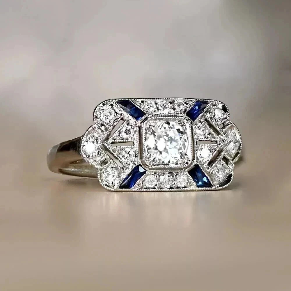 Antique ArtDeco LabCreated Sapphire Diamond Milgrain Engagement 14K Gold FN Ring
