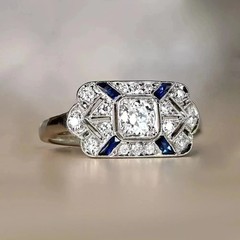 Antique ArtDeco LabCreated Sapphire Diamond Milgrain Engagement 14K Gold FN Ring