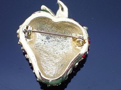 Vintage Strawberry Brooch Red Rhinestone Enamel Leaves Gold Tone Signed Marked