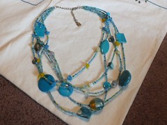 Beautiful Necklace 5 Strand Silver Tone Turquoise Gold Beads 20-23″ Signed NICE