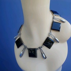 Original STERLING SILVER 925 Deco Onyx Modernist Necklace 186 Gr Vintage 18″ In