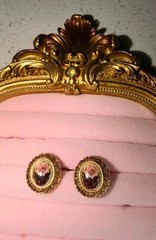 Vintage 1928 Gold Tone Floral Porcelain Rose Oval Stud Earrings Victorian