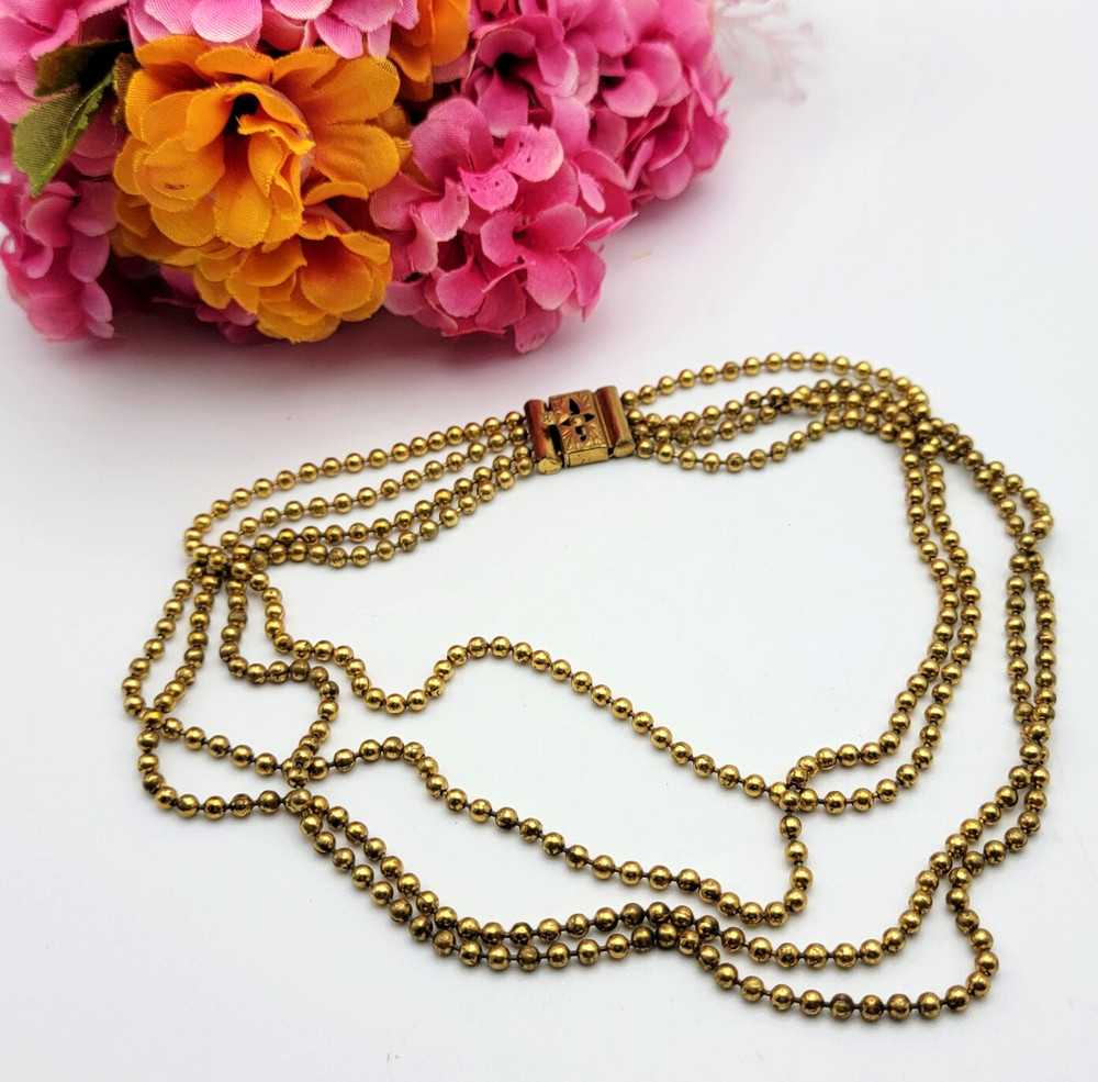 Vtg. Pat. Pend Gold Tone Ball Bead Chain Necklace 4 Strand Box Clasp 15 Inch