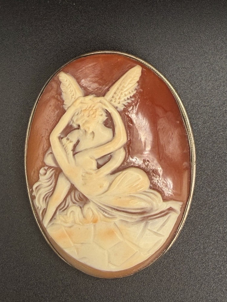 Antique 800 Silver Shell Cameo Brooch Pendant Eros Awakening Psyche Greek Gods