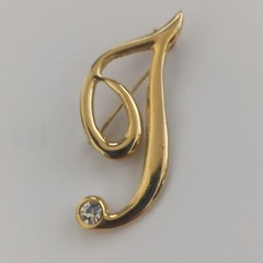 Vintage Brooch Letter I/J Name Initial Pin Gold Tone Rhinestone VTG Gift Retro