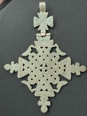 Vintage Ethiopian Cross Pendant Birds Large 5” Heavy 42g Silver Hinged Bale