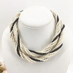 Vintage Multi Strand Faux Pearl Beaded white & Black Long Necklace 32” Estate
