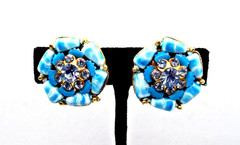 Vintage Signed Selro Selini Clip Earrings Blue Enamel Art Glass & Rhinestones