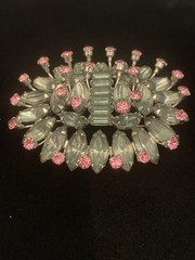 VTG Pale Green Navette Baguette Prong Set Brooch Pink Accents BUDDING FLOWER