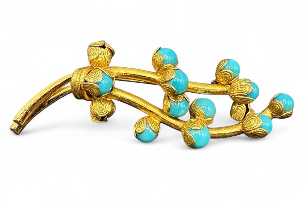 Vintage Tree Branch Brooch Pin Blue Flower Buds Trombone Clasp J110