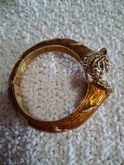 Vtg Thailand Tiger Head Twin Double Rhinestone and Enamel Clamp Bangle Bracelet