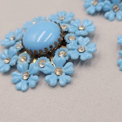 Vintage Blue Flower Brooch and Clip on Earring Set Rhinestone Plastic