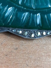 Antique Art Deco Carved Chrysoprase Marcasite Stamped 935 Sterling Brooch Pin