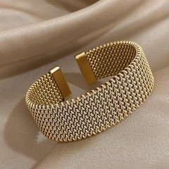 Vintage Weave Gold Cuff Bracelet Women Stainless Steel Chunky Bangle Waterproof