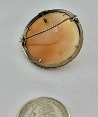 Vintage Carved Shell Rose Cameo Pin Brooch Pendant High Relief 800 Silver Frame