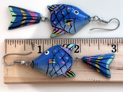 VTG Dangle Fish Earrings Hand-Painted Wood Silver-tone Metal Tropical Blue 3”L