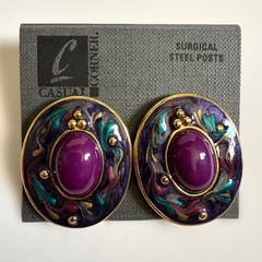 Vtg Casual Corner Purple Oval Cabochon Earrings Enamel Wearable Art Statement