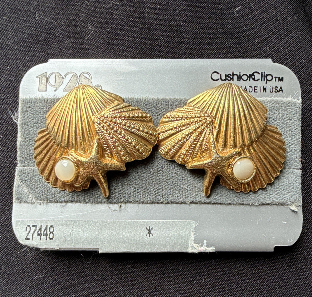 Vintage 1928 Cushion Clip-On Gold Tone Seashell / Beach Themed Earrings