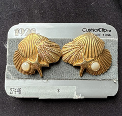 Vintage 1928 Cushion Clip-On Gold Tone Seashell / Beach Themed Earrings