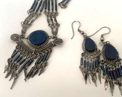 Vintage Peruvian Alpaca Metal Necklace & Pierced Earring Set Dangles Blue Stone