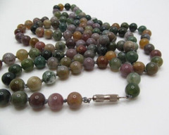 Vintage Opera Length Indian Agate 8.5mm Green Knotted Stone Necklace 48 In