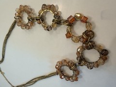 22″ Boho Wire Wrapped 5 HOOP NECKLACE Vtg GOLD TONE Beaded Statement Necklace