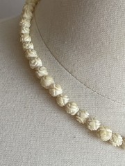 Vintage Hand Carved Floral Bead Necklace Cream Ivory Color Screw Back