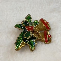 Vintage Christmas Pin Brooch Gold Tone Green Red Enamel Holly Bells Bow
